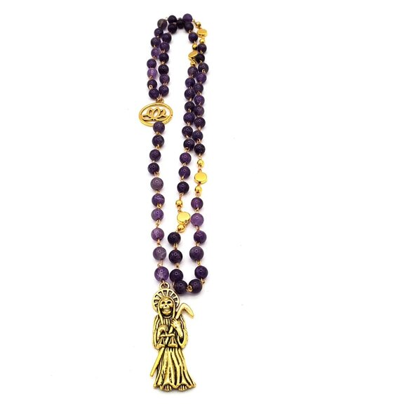 Handmade Amethyst Santa Muerte Rosary - Holy Death Amulet - Natural Stone Beads - Picture 6 of 10